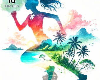 Puede incluir: Una ilustración digital de una mujer corriendo con un paisaje tropical dentro de su silueta. La mujer está representada en tonos de rojo, naranja, amarillo y azul. El paisaje incluye palmeras, montañas y una playa. La imagen mide 35,56 cm por 35,56 cm y tiene una resolución de 4200 por 4200 píxeles.