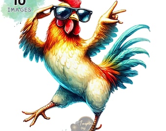 Chicken Clipart, Funny Chicken Clipart, Whimsical Chicken, Watercolor Chicken Clipart, Cool Chicken, Crazy Chicken Clipart, Rooster Clipart