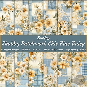 Shabby Patchwork Seamless Blue Daisy, Papel Digital de Sublimação Floral Chique, Patchwork Rústico Daisy para Artesanato e Scrapbooking, Daisy Art