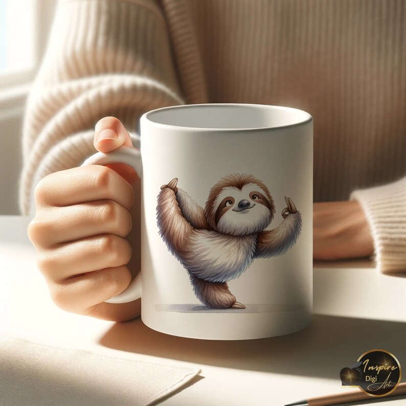 May include: White ceramic mug with a cartoon illustration of a brown sloth doing yoga. The sloth is smiling and has its arms raised in the air.