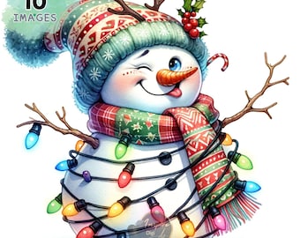 Cute Snowman Tangled Christmas Lights Clipart, Funny Snowman Clipart, Adorable Snowman, Whimsical Snowman, Festive Snowman Clipart Bundle