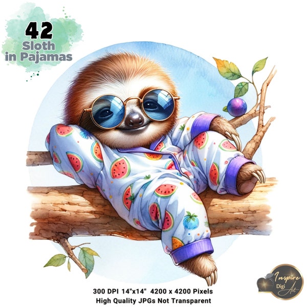 Adorable Baby Sloth in Pajamas, Clipart Bundle, Watercolor Sloth Clipart, Cute Animal Illustration for Nursery Decor, Children's Book Art