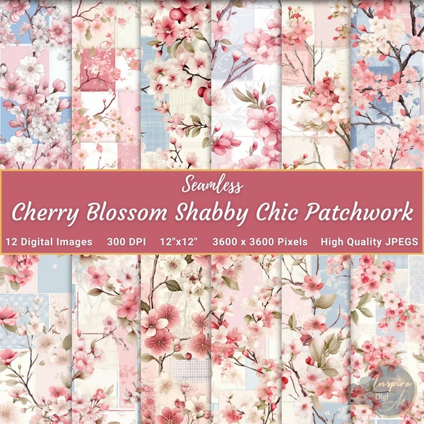 Sakura Cherry Blossom Shabby Chic Patchwork Seamless Patterns, Cherry Blossom Digital Paper, Shabby Chic Floral Seamless, Patchwork Flowers