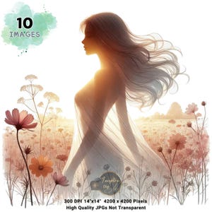 Silueta de mujer en un campo de flores silvestres, arte de pared con hermosas flores de mujer, papel tapiz de silueta femenina, silueta femenina etérea en la naturaleza