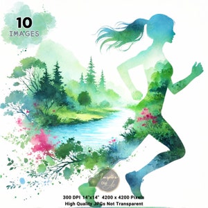 Silhouette femme course Clipart, Clipart femme coureur, aquarelle paysage, Art coureur de marathon, femme qui court des cliparts, usage Commercial
