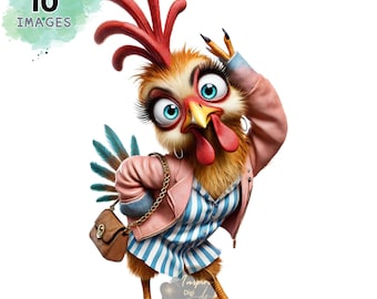 Funny Chicken Clipart | Watercolor Farm Animal Illustrations | Cute Quirky Sassy Chicken Rooster Hen Artwork | Farmhouse Wall Art Graphics