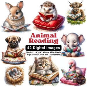 Imágenes Prediseñadas de lectura de animales, imágenes prediseñadas de ratón de biblioteca, libros de lectura de animales, libro de animales para bebés, lectura de animales para bebés, lindo libro de lectura de animales de acuarela