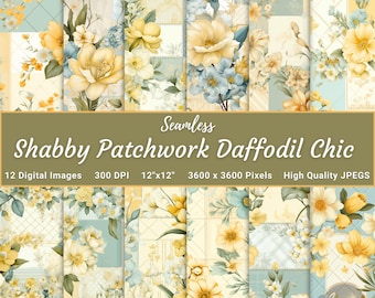 Daffodil Watercolor Patchwork Seamless Digital Paper, Shabby Floral Designs, Chic Vintage Flower Patchwork Seamless for Crafts, Scrapbooking
