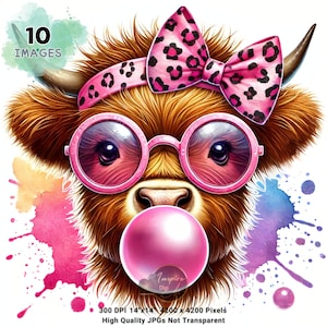 May include: A cartoon Highland cow with pink sunglasses and a pink headband with black spots, blowing a pink bubble. The cow is against a colorful watercolor background.