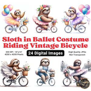 Clipart acquerello divertente bradipo, maglietta sublimatica carina divertente bradipo, bradipo in costume da balletto in sella a una bicicletta vintage con fiori e palloncini