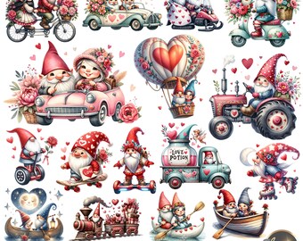 Gnomo de acuarela de San Valentín: Paquete PNG de vehículos (descarga digital)