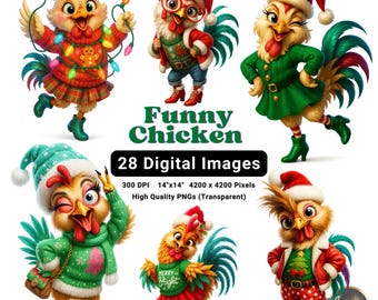 Funny Christmas Chicken Clipart Bundle | Quirky Holiday Rooster PNG, Cute Sassy Festive Farm Animal Illustrations, Transparent Background