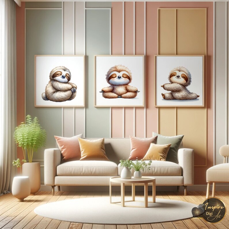 May include: Three framed illustrations of sloths in different poses. The sloth on the left is sleeping, the sloth in the middle is meditating, and the sloth on the right is stretching. The illustrations are in a living room setting with a couch, coffee table, and plants.