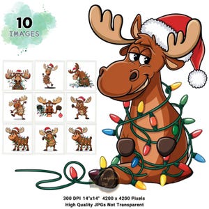 Moose Christmas Clipart, Moose Tangled in Christmas Lights, Funny Moose Christmas, Adorable Christmas Moose, Moose Humorous Illustrations