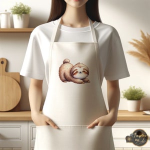May include: White kitchen apron with a brown and white cartoon sloth design. The sloth is smiling and has its arms outstretched.
