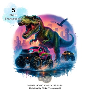 Dinosaur Big Trucks Clipart Bundle, T-Rex Monster Truck Pngs Sublimation, Kids Shirt Design, Room Decor, Stickers, Birthday Party & T-Shirt