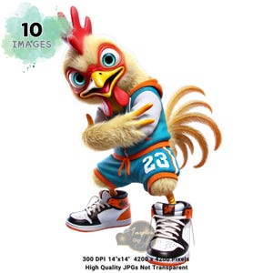 Clipart de frango engraçado, frango legal em roupas esportivas, personagem de desenho animado de galo hipster, clipart de frango peculiar, clipart de frango em aquarela