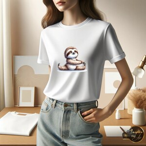May include: A white t-shirt with a cartoon illustration of a brown sloth doing yoga. The sloth is sitting on its bottom with its legs stretched out in front of it.