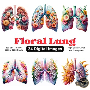 Floral Anatomical Lungs, Floral Lung Clipart, Flower Lungs Pictures, Lung Watercolor, Lung Art Printable, Lungs Flowers, Floral Anatomy Art