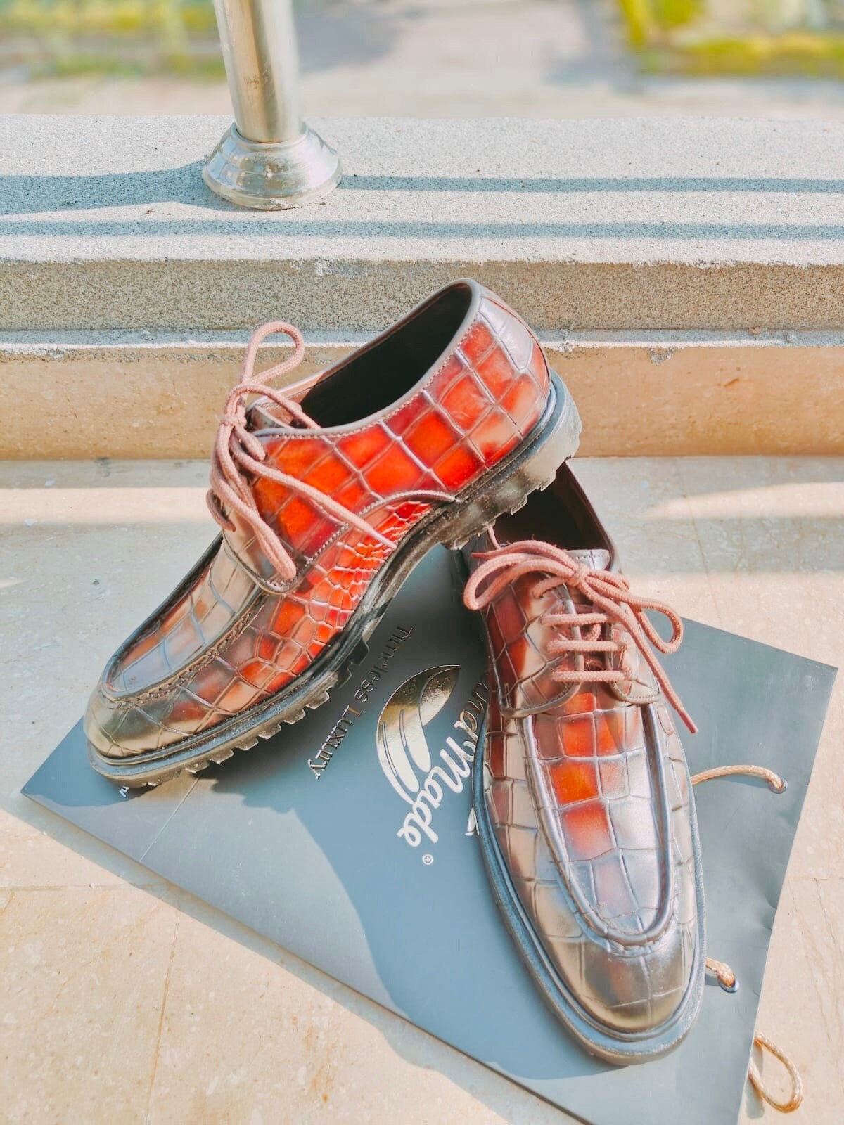 Croc Pattern Two-tone Chocolate Brown Derbys, Men's Footwear