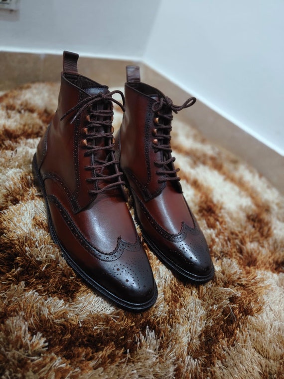 burgundy dress blue shoes Plain Toe Lace up Boots with Zipper - Wine Red main image 1