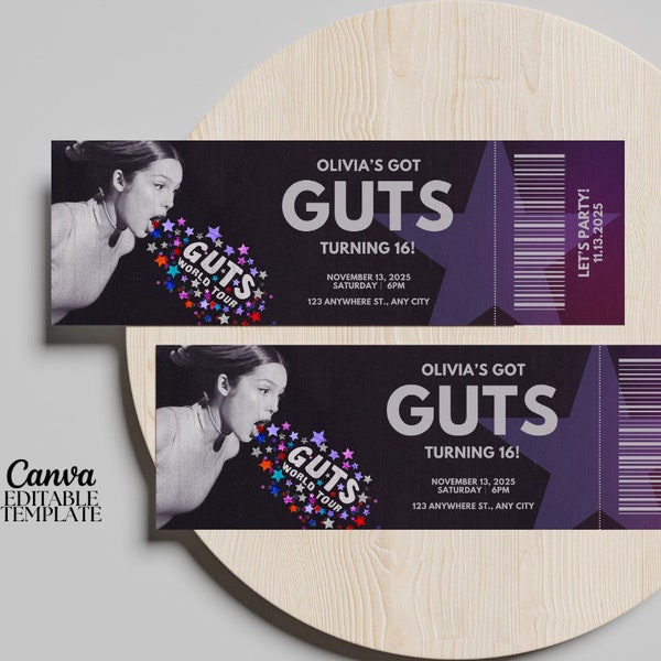 Invitation billet Guts, invitation billet de concert Olivia Rodrigo, invitation d'anniversaire d'Olivia Rodrigo, invitation billet, modifiable sur Canva