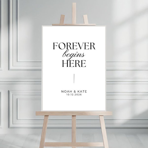 Forever Begins Here Wedding Welcome Sign, Minimalist Wedding Sign, Modern Simple Wedding Sign, Elegant Wedding Sign, Editable in Canva