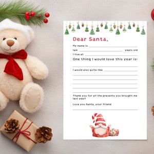 Carta de Papá Noel imprimible con Gnomo - Membrete navideño personalizado - Descarga digital DIY A4 para niños - Plantilla de escritura festiva instantánea