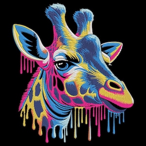 Puede incluir: Ilustración colorida de una cabeza de jirafa sobre un fondo negro. El diseño presenta patrones azules, amarillos y rosas similares a hilos, con efectos de pintura goteando. El ojo de la jirafa es azul y el diseño es vibrante.