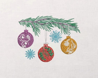 Christmas Ornaments Embroidery Design, Pine Branch Baubles Motif, Winter Snowflake Stitch, Machine Embroidery, Holiday Pattern