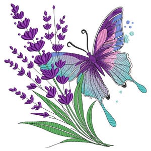 Butterfly Lavender Embroidery Design, Floral Machine Embroidery File, Pastel Butterfly with Flowers Pattern, Spring Animal Embroidery Art