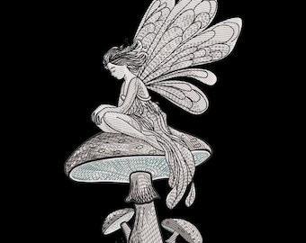 May include: An embroidered design of a fairy sitting on a mushroom, with additional mushrooms below. The fairy has large, detailed wings and flowing hair. The design is in shades of gray and white against a black background.