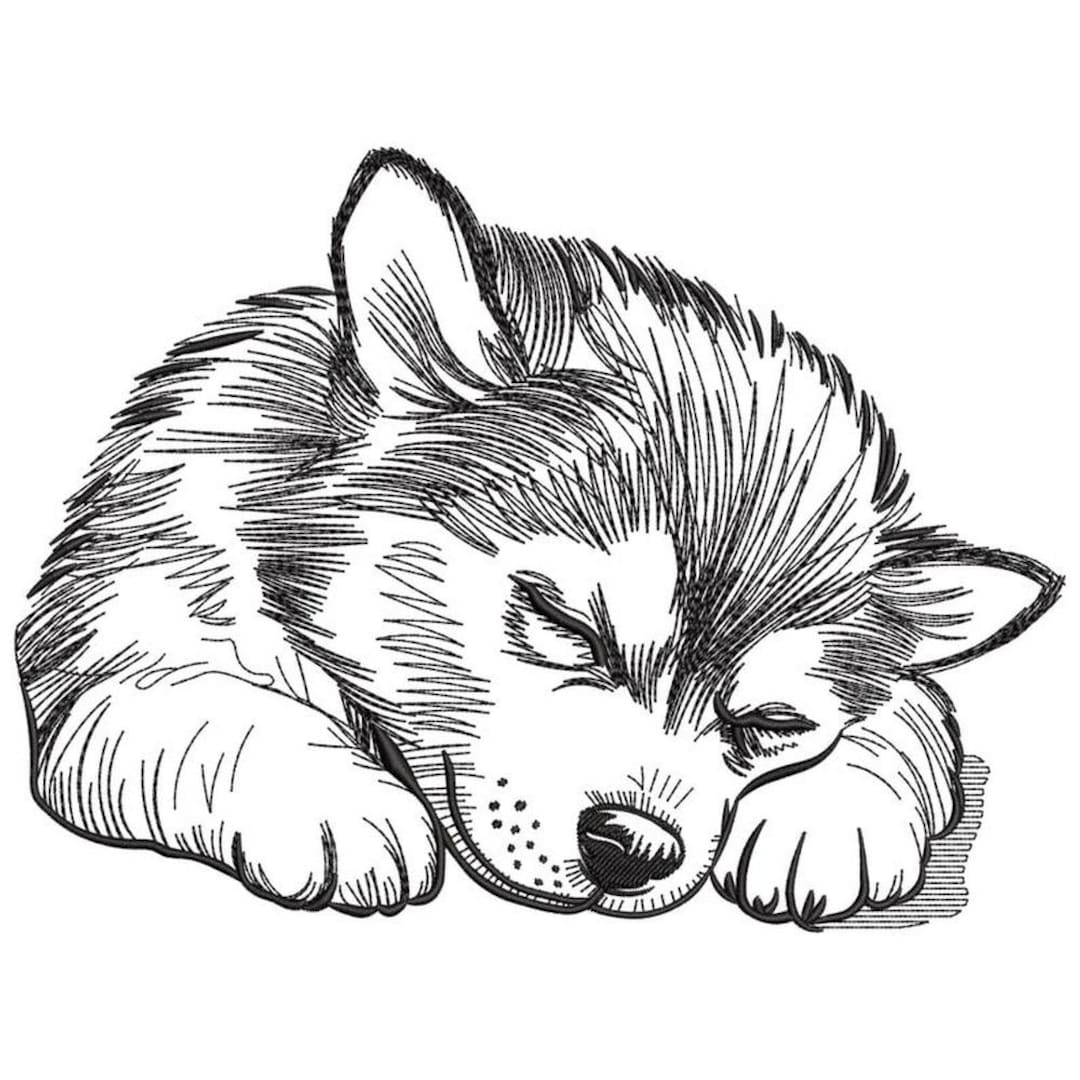 Sleeping Puppy Sketch Embroidery Design, Cute Puppy Machine