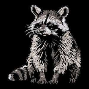 May include: A detailed embroidered raccoon design in shades of gray and white against a solid black background. The raccoon is depicted in a seated position, with its distinctive facial markings and fluffy fur texture.