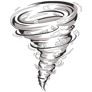 Puede incluir: Ilustración en blanco y negro de un tornado. El vórtice arremolinado presenta casas, árboles y nubes atrapadas en sus poderosos vientos. El diseño está detallado con sombreado y contornos, creando un efecto dinámico y dramático.