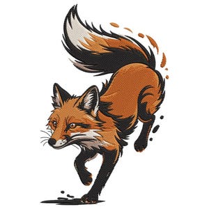 May include: An embroidered design of a fox in shades of orange, black, and white. The fox is depicted mid-stride with its tail raised, showcasing detailed stitching and a dynamic pose. The design is on a white background.