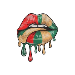 May include: An embroidered patch featuring a pair of lips with a dripping effect. The design is divided into vertical segments of red, green, and tan, with a black outline. The lips are slightly parted, revealing white teeth, and the bottom lip drips.