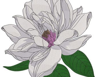 Design de bordado de flor de magnólia, ponto de flor botânica, motivo floral do sul, arquivo de bordado digital
