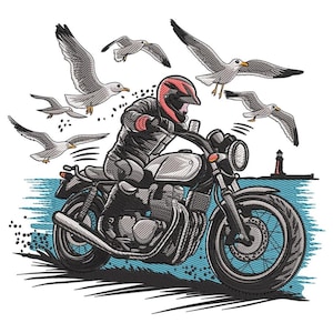 May include: An embroidered design featuring a motorcyclist in a red helmet riding a classic motorcycle. Several seagulls are flying around the motorcycle. A lighthouse is visible in the background, with a blue sea.