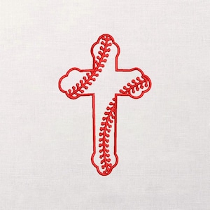 May include: A red embroidered cross design on a white background. The cross is stylized with baseball stitching details, creating a unique blend of faith and sport. The embroidery is detailed and the color is vibrant.