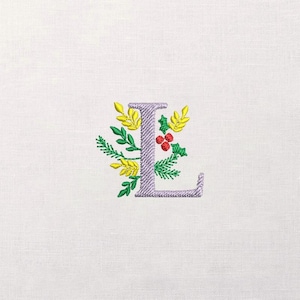 Letter L Monogram Embroidery Design, Festive Holly and Pine Initial, Christmas Floral Alphabet, Machine Stitch Pattern