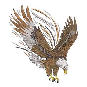 May include: An embroidered design of a bald eagle in flight, featuring brown, white, and gold thread. The eagle has outstretched wings and is angled downward, with its talons extended. The design includes stylized lines suggesting movement.