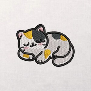May include: Embroidered patch featuring a sleeping cat in a curled position. The cat has a white and gray body with yellow and black markings. The cat's outline and facial features are in black, with closed eyes and pink cheeks.