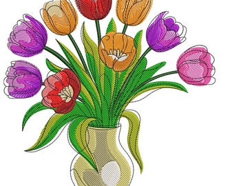 Tulpenstrauß Blumenstrauß Vase Stickdatei, Skizzenstich Blumenstrauß, Frühlingsblumen Digitale Datei