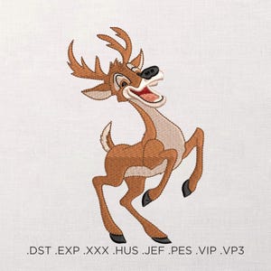 May include: An embroidered design of a cartoon deer in mid-leap, featuring brown and tan colors. The deer has large antlers, a wide open mouth, and black hooves. The design is on a white background, with file extensions at the bottom.