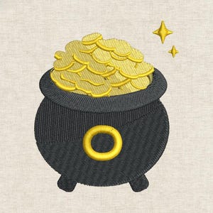 Broderidesign med skattkittel, mönster med lyckoguldmynt, fil med St Patrick's Day-motiv, motiv med glittrande mynt, lapp med lyckokruka