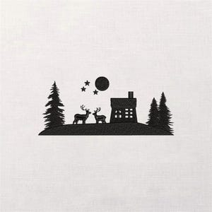 May include: Black silhouette embroidery of a winter scene. Two deer stand before a house with a chimney, surrounded by pine trees, stars, and a full moon. The design is on a white background.