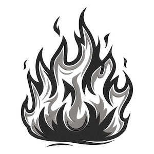 Pode incluir: Um design de chama estilizado em preto e cinza. As chamas são delineadas em preto com um preenchimento cinza mais claro, criando um efeito tridimensional. Adequado para patches, bordados ou aplicações gráficas.