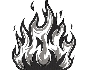 Diseño de bordado de llamas, archivo de bordado a máquina de fuego, clipart de fogata, parche de llama gris y negro, diseño minimalista de llamas