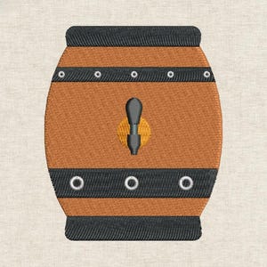 以下が含まれることがあります： 黒いバンドと銀色のリベットが付いた茶色の樽の刺繍画像。黒い蛇口が樽の中央に配置され、黄色の円が背景にあります。樽のデザインは、工芸品や室内装飾品用である可能性があります。